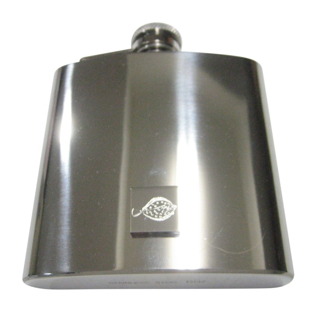 Silver Toned Square Etched Flounder Halibut Flatfish 6oz Flask